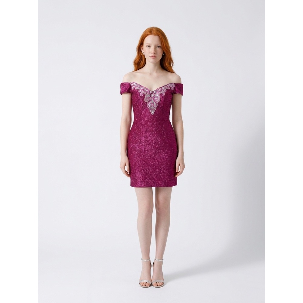 Nadine Vintage 1987 Cerise Pink Metallic Sequin Off Shoulder Mini Dress NWT 5/6